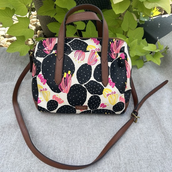Fossil Sydney Satchel Purse Black Pink Floral Top Handles w Crossbody Strap EUC - Picture 1 of 16